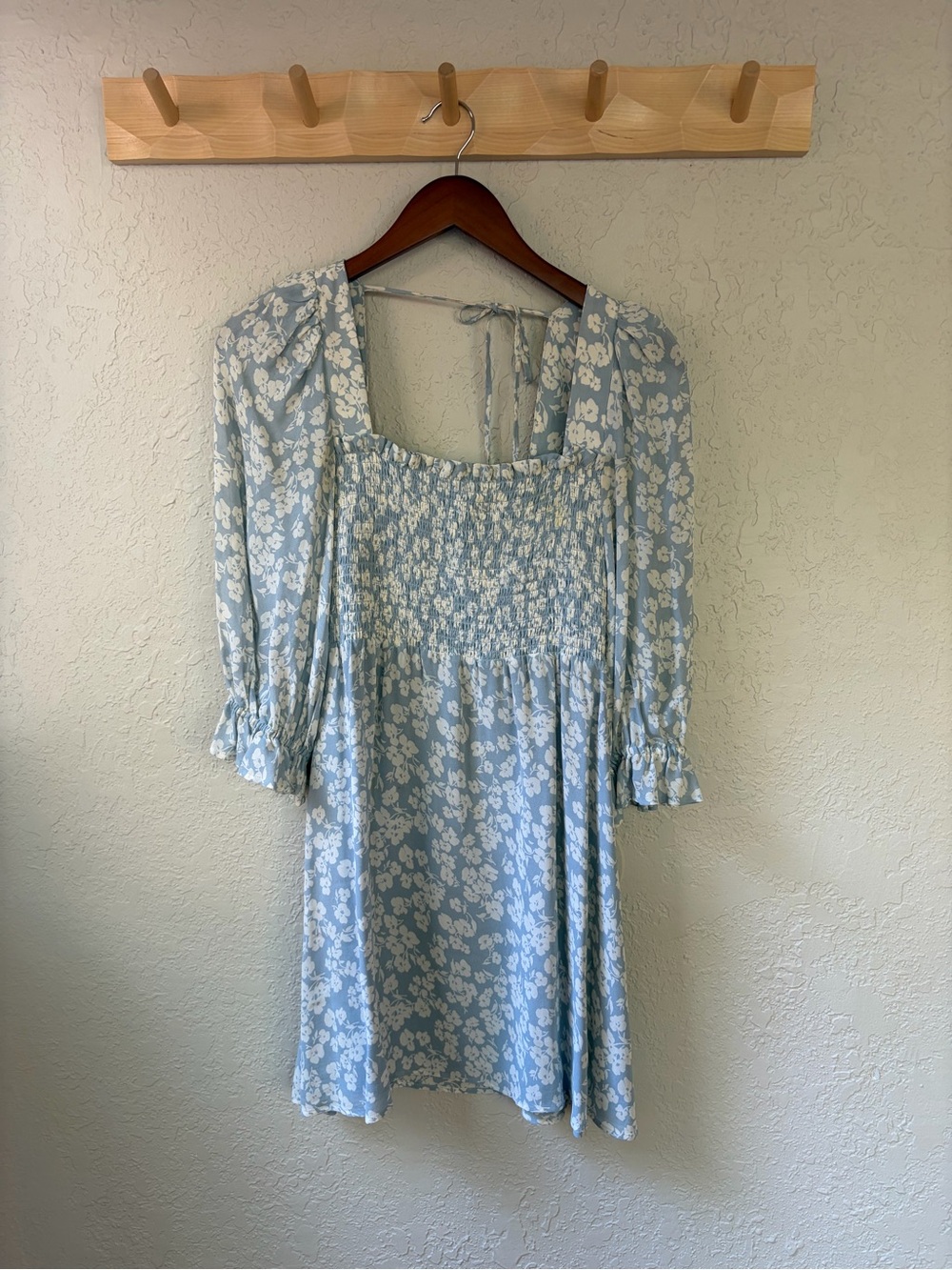 Reformation Puff Sleeve Smocked Bodice Blue and White Floral Mini Dress